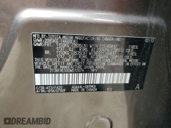 2013 Toyota RAV4 XLE with VIN 2T3RFREVXDW012074, listed as a Copart auction lot 59837935 with 166,167 mi miles and Clean title. Bid and sale history available at DreamBid. Image 13.