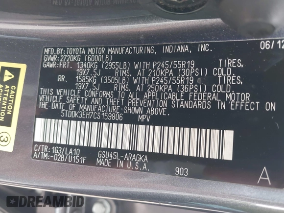 2012 Toyota Highlander Limited with VIN 5TDDK3EH7CS159806, listed as a IAAI auction lot 42600449 with 130,961 mi miles and . Bid and sale history available at DreamBid. Image 9.