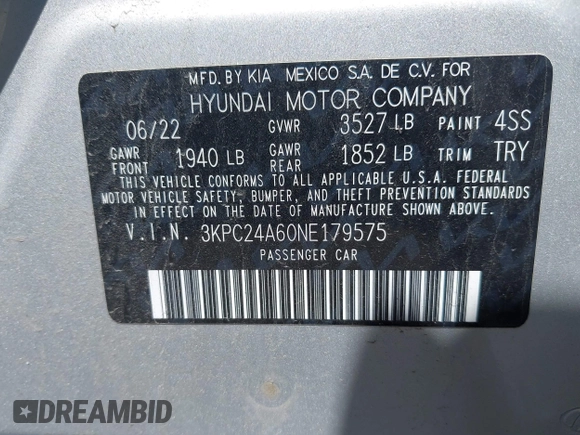 2022 Hyundai Accent SE with VIN 3KPC24A60NE179575, listed as a IAAI auction lot 42212795 with 20,761 mi miles and . Bid and sale history available at DreamBid. Image 9.