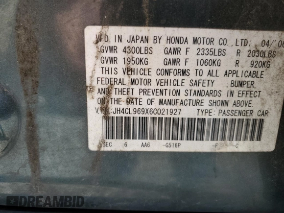 2006 Acura TSX Navi with VIN JH4CL969X6C021927, listed as a Copart auction lot 63822245 with 139,679 mi miles and Salvage title. Bid and sale history available at DreamBid. Image 12.
