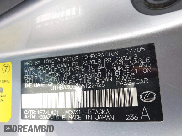 2005 Lexus ES with VIN JTHBA30G355122428, listed as a IAAI auction lot 41850856 with 159,368 mi miles. Bid and sale history available at carsss.com. Image 9.