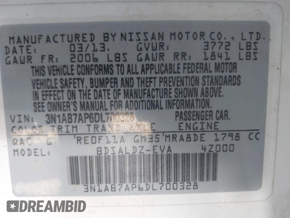 2013 Nissan Sentra S with VIN 3N1AB7AP6DL700328, listed as a IAAI auction lot 41260258 with 149,504 mi miles and . Bid and sale history available at DreamBid. Image 9.