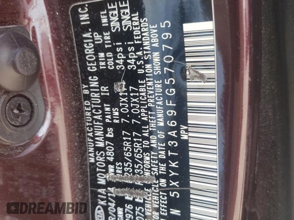 2015 Kia Sorento LX with VIN 5XYKT3A69FG570795, listed as a Copart auction lot 53886515 with 191,201 mi miles and Salvage Title. Bid and sale history available at DreamBid. Image 13.