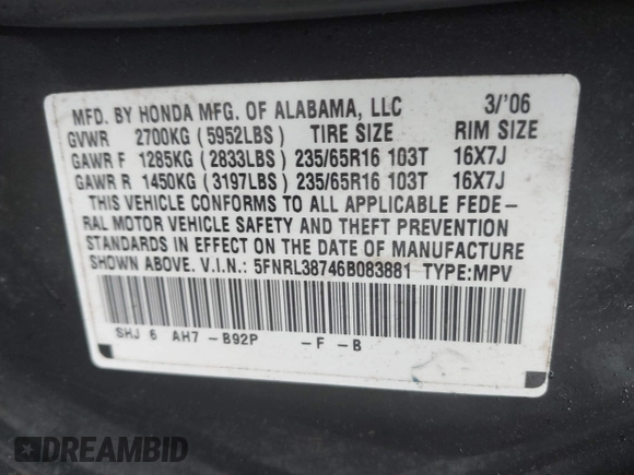 2006 Honda Odyssey EX-L z VIN 5FNRL38746B083881, wystawiony jako IAAI lot #42363976 z przebiegiem 252 746 mil mil oraz . Historia ofert i sprzedaży dostępna na DreamBid. Obrazek 9.