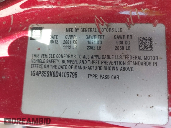 2013 Buick Verano Group with VIN 1G4PS5SK0D4105796, listed as a IAAI auction lot 41876000 with 143,109 mi miles and . Bid and sale history available at DreamBid. Image 9.