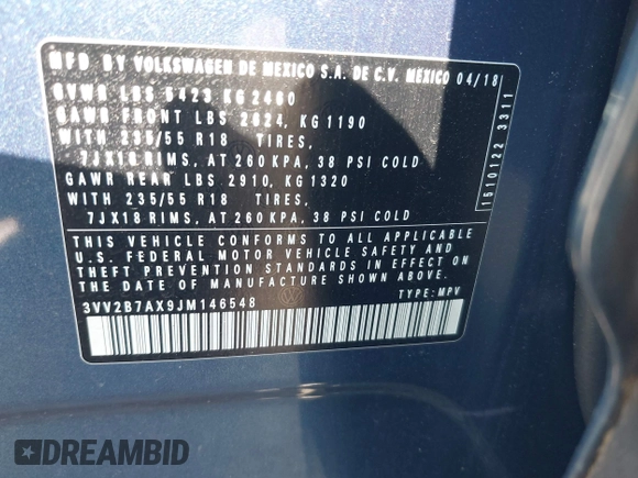 2018 Volkswagen Tiguan SEL с VIN 3VV2B7AX9JM146548, выставлен на аукционе IAAI как лот 42419486 с пробегом 84 906 миль миль и . История ставок и продаж доступна на DreamBid. Изображение 9.