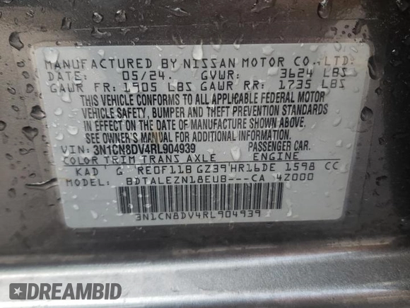 2024 Nissan Versa S with VIN 3N1CN8DV4RL904939, listed as a Copart auction lot 53999585 with 9,506 mi miles and Salvage title. Bid and sale history available at DreamBid. Image 12.
