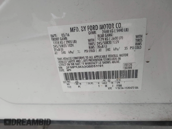2016 Ford Edge Titanium with VIN 2FMPK3K83GBB51691, listed as a IAAI auction lot 41377380 with 145,839 mi miles. Bid and sale history available at carsss.com. Image 9.