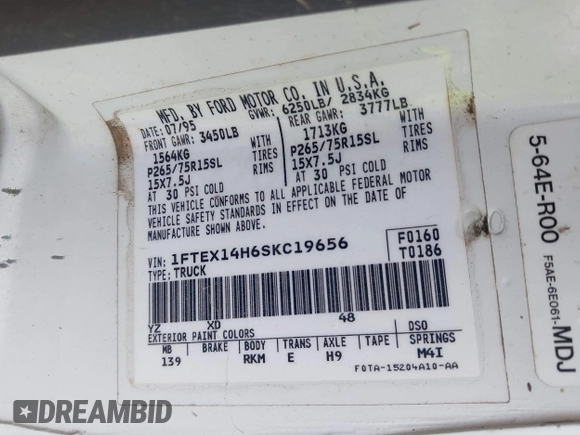 1995 Ford F-150 z VIN 1FTEX14H6SKC19656, wystawiony jako IAAI lot #42289301 z przebiegiem Nie podano mil oraz . Historia ofert i sprzedaży dostępna na DreamBid. Obrazek 9.