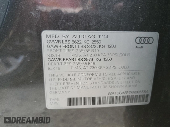 2015 Audi Q5 Premium Plus with VIN WA1DGAFP7FA085584, listed as a Copart auction lot 47444634 with 137,721 mi miles and Salvage Title. Bid and sale history available at carsss.com. Image 13.