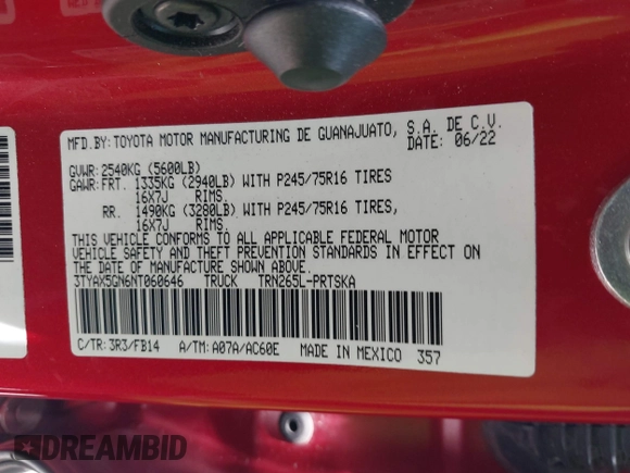 2022 Toyota Tacoma SR with VIN 3TYAX5GN6NT060646, listed as a IAAI auction lot 42186513 with 46,735 mi miles and . Bid and sale history available at DreamBid. Image 9.