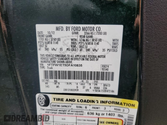 2013 Ford F-150 XL z VIN 1FTFW1ET5DFA10835, wystawiony jako Copart lot #57689845 z przebiegiem 169 977 mil mil oraz Szkoda całkowita • Salvage title. Historia ofert i sprzedaży dostępna na DreamBid. Obrazek 12.