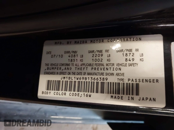 2011 Mazda 3 S Grand Touring with VIN JM1BL1W69B1366389, listed as a IAAI auction lot 41837202 with 124,072 mi miles and . Bid and sale history available at DreamBid. Image 9.