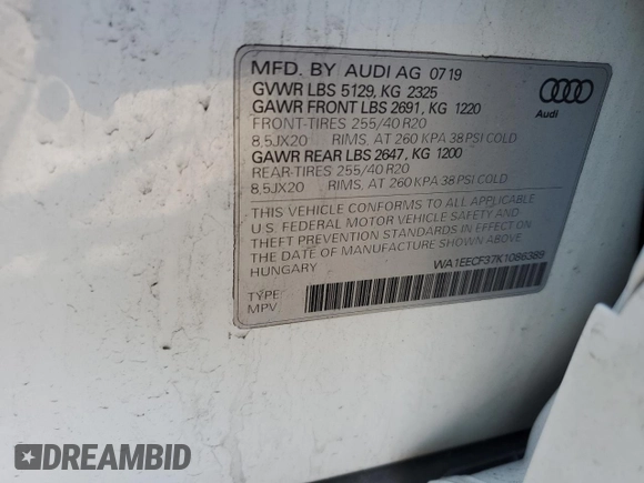 2019 Audi Q3 S line Premium Plus with VIN WA1EECF37K1086389, listed as a Copart auction lot 52567585 with 53,362 mi miles and Salvage Title. Bid and sale history available at carsss.com. Image 15.
