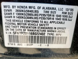 2006 Honda Pilot LX with VIN 5FNYF28116B022402, listed as a Copart auction lot 57600105 with 226,999 mi miles and Salvage title. Bid and sale history available at DreamBid. Image 13.
