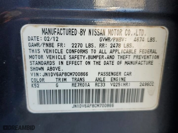 2012 Infiniti G25 Sedan Journey with VIN JN1DV6AP8CM700866, listed as a Copart auction lot 85895754 with 125,490 mi miles and Salvage Title. Bid and sale history available at carsss.com. Image 12.