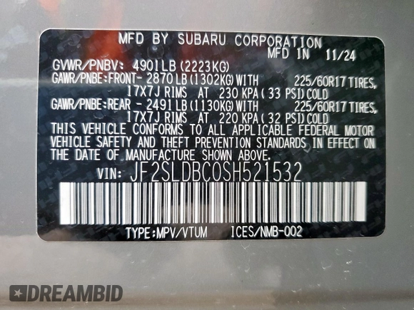 2025 Subaru Forester Premium с VIN JF2SLDBC0SH521532, выставлен на аукционе Copart как лот 61059815 с пробегом 2 133 миль миль и Списание • Salvage title. История ставок и продаж доступна на DreamBid. Изображение 13.