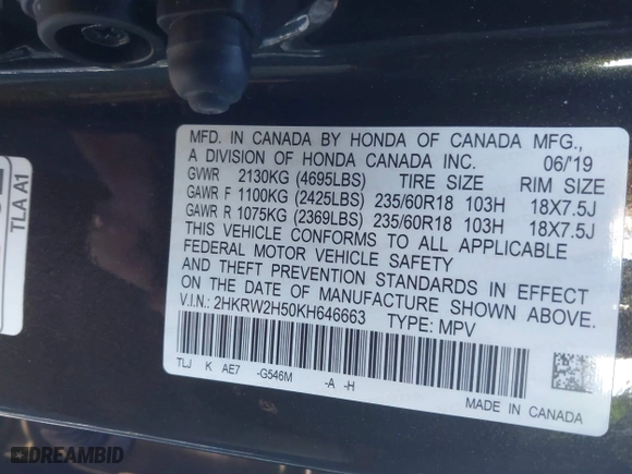 2019 Honda CR-V EX with VIN 2HKRW2H50KH646663, listed as a IAAI auction lot 41693762 with 97,416 mi miles. Bid and sale history available at carsss.com. Image 9.