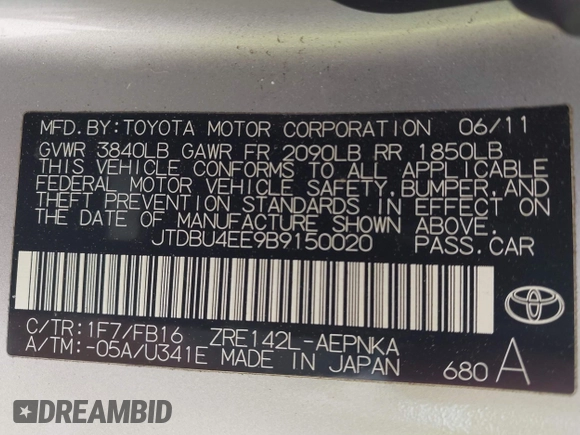 2011 Toyota Corolla L with VIN JTDBU4EE9B9150020, listed as a IAAI auction lot 42093116 with 69,376 mi miles and . Bid and sale history available at DreamBid. Image 9.