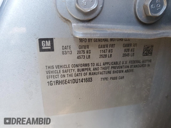 2013 Chevrolet Volt with VIN 1G1RH6E41DU141603, listed as a Copart auction lot 53613955 with 187,771 mi miles and Salvage Title. Bid and sale history available at carsss.com. Image 12.
