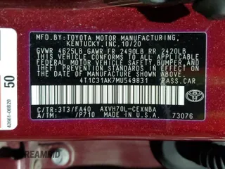 2021 Toyota Camry Hybrid LE with VIN 4T1C31AK7MU549831, listed as a Copart auction lot 50836065 with 86,470 mi miles and Non Repairable. Bid and sale history available at DreamBid. Image 12.