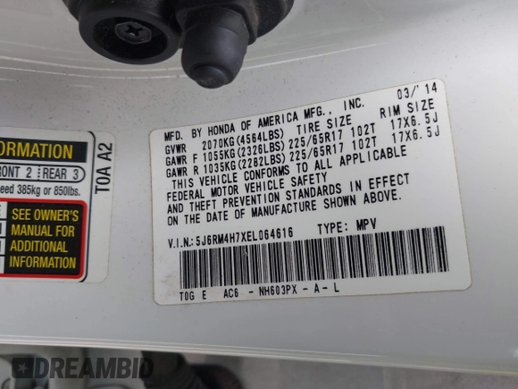 2014 Honda CR-V EX-L with VIN 5J6RM4H7XEL064616, listed as a IAAI auction lot 42059387 with 119,435 mi miles. Bid and sale history available at carsss.com. Image 9.
