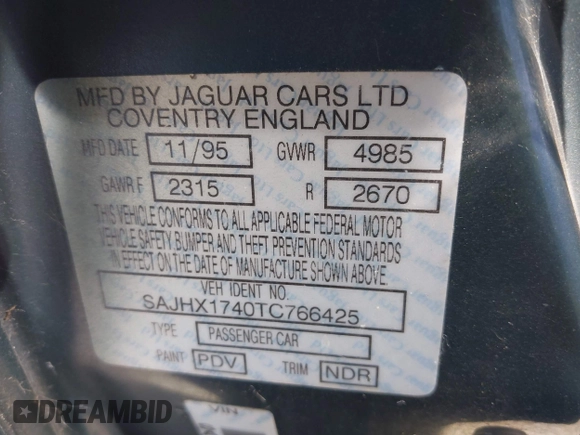 1996 Jaguar XJ with VIN SAJHX1740TC766425, listed as a IAAI auction lot 42758458 with 257,849 mi miles and . Bid and sale history available at DreamBid. Image 9.