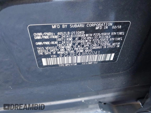 2018 Subaru Forester Premium with VIN JF2SJGEC4JH550243, listed as a IAAI auction lot 41344962 with 65,536 mi miles. Bid and sale history available at carsss.com. Image 9.