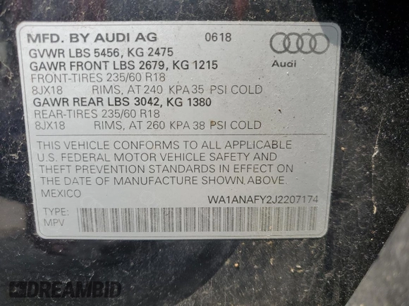 2018 Audi Q5 Premium z VIN WA1ANAFY2J2207174, wystawiony jako Copart lot #60834425 z przebiegiem 70 651 mil mil oraz Szkoda całkowita • Salvage title. Historia ofert i sprzedaży dostępna na DreamBid. Obrazek 14.