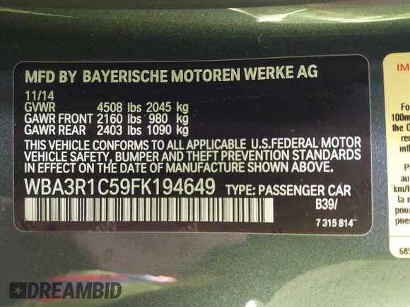 2015 BMW 4 Series 435i with VIN WBA3R1C59FK194649, listed as a IAAI auction lot 41565414 with 123,702 mi miles and . Bid and sale history available at DreamBid. Image 9.