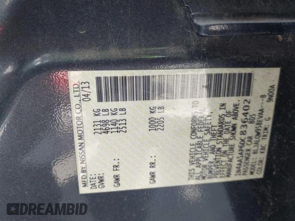 2013 Nissan Maxima S z VIN 1N4AA5AP6DC836402, wystawiony jako IAAI lot #42095626 z przebiegiem 149 974 mil mil oraz . Historia ofert i sprzedaży dostępna na DreamBid. Obrazek 9.