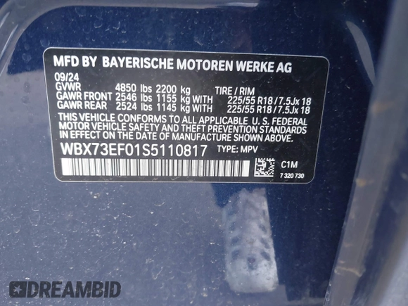 2025 BMW X1 xDrive28i z VIN WBX73EF01S5110817, wystawiony jako IAAI lot #41991160 z przebiegiem 1 287 mil mil oraz . Historia ofert i sprzedaży dostępna na DreamBid. Obrazek 9.