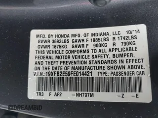 2015 Honda Civic Sedan LX with VIN 19XFB2E59FE014421, listed as a IAAI auction lot 41556046 with 141,922 mi miles. Bid and sale history available at carsss.com. Image 9.