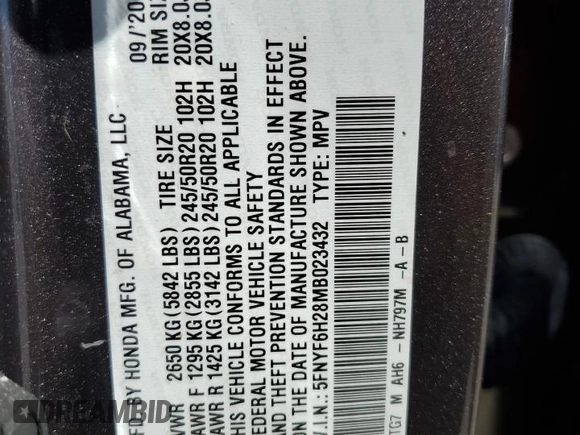 2021 Honda Pilot Special Edition with VIN 5FNYF6H28MB023432, listed as a Copart auction lot 55841035 with 61,203 mi miles and Salvage title. Bid and sale history available at DreamBid. Image 14.