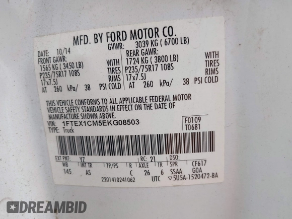 2014 Ford F-150 XL with VIN 1FTEX1CM5EKG08503, listed as a IAAI auction lot 41370072 with 286,117 mi miles and . Bid and sale history available at DreamBid. Image 9.
