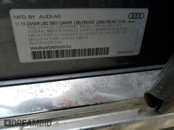 2014 Audi A8 3.0T with VIN WAURGAFDXEN009752, listed as a Copart auction lot 54541165 with 118,687 mi miles and Clean Title. Bid and sale history available at DreamBid. Image 12.