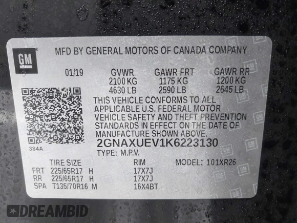 2019 Chevrolet Equinox LT with VIN 2GNAXUEV1K6223130, listed as a IAAI auction lot 41911697 with 78,891 mi miles and . Bid and sale history available at DreamBid. Image 9.
