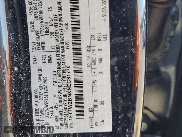 2022 Ford F-250 XL with VIN 1FT7W2BNXNEC81770, listed as a Copart auction lot 52626614 with Not provided miles and Salvage title. Bid and sale history available at DreamBid. Image 12.