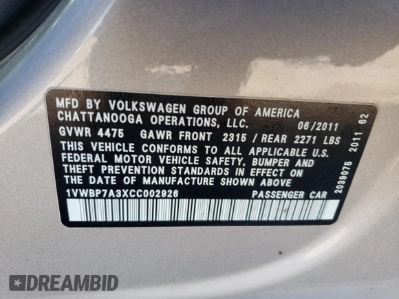 2012 Volkswagen Passat SE с VIN 1VWBP7A3XCC002926, выставлен на аукционе Copart как лот 52398365 с пробегом Не указан миль и Чистый • Clean title. История ставок и продаж доступна на DreamBid. Изображение 12.