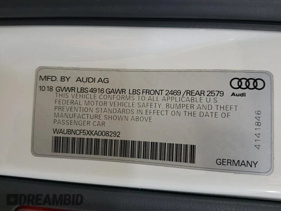 2019 Audi A5 Sportback Premium Plus with VIN WAUBNCF5XKA008292, listed as a Copart auction lot 46281164 with 64,302 mi miles. Bid and sale history available at carsss.com. Image 13.