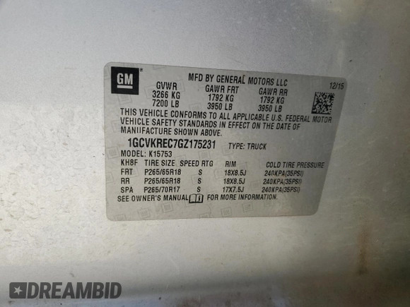 2016 Chevrolet Silverado 1500 LT with VIN 1GCVKREC7GZ175231, listed as a Copart auction lot 56048055 with 181,535 mi miles and Clean Title. Bid and sale history available at DreamBid. Image 12.