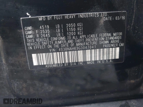 2016 Subaru Legacy 2.5i Premium with VIN 4S3BNAH63G3047041, listed as a IAAI auction lot 41966391 with 175,039 mi miles. Bid and sale history available at carsss.com. Image 9.