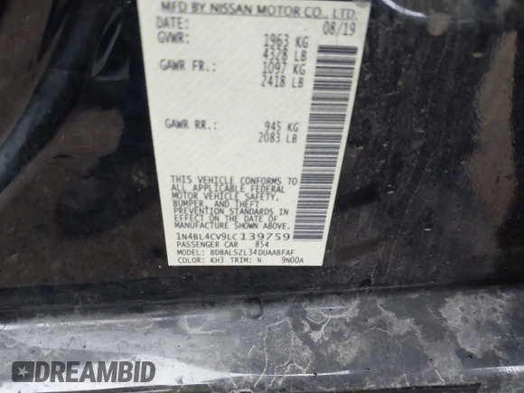 2020 Nissan Altima SR z VIN 1N4BL4CV9LC139759, wystawiony jako IAAI lot #41916220 z przebiegiem 73 270 mil mil oraz . Historia ofert i sprzedaży dostępna na DreamBid. Obrazek 9.