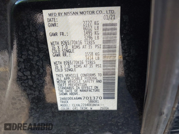 2021 Nissan Frontier SV z VIN 1N6ED0EA6MN701370, wystawiony jako IAAI lot #41326550 z przebiegiem 63 107 mil mil oraz . Historia ofert i sprzedaży dostępna na DreamBid. Obrazek 9.