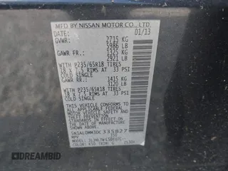 2013 Infiniti JX35 with VIN 5N1AL0MM3DC335827, listed as a IAAI auction lot 42038972 with 137,286 mi miles and . Bid and sale history available at DreamBid. Image 9.