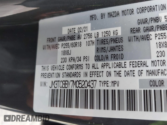2021 Mazda CX-9 Sport with VIN JM3TCBBY7M0520437, listed as a IAAI auction lot 42022562 with 77,063 mi miles and . Bid and sale history available at DreamBid. Image 9.