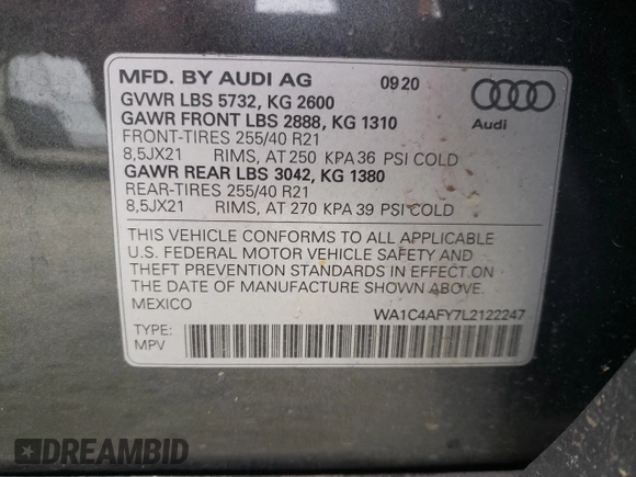 2020 Audi SQ5 Prestige with VIN WA1C4AFY7L2122247, listed as a Copart auction lot 39592664 with 49,551 mi miles and . Bid and sale history available at DreamBid. Image 13.
