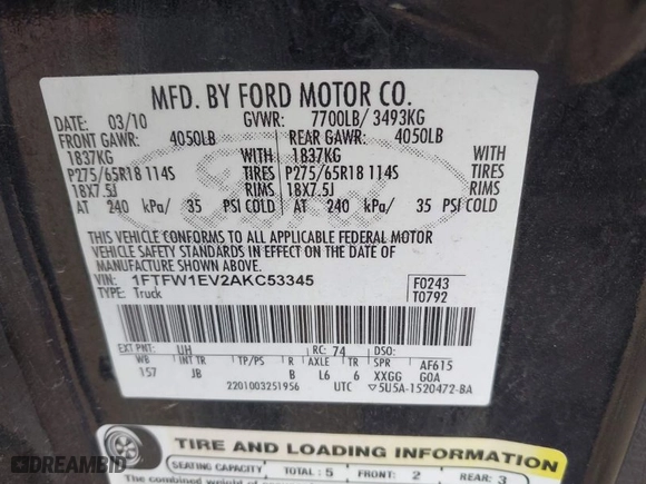 2010 Ford F-150 XL with VIN 1FTFW1EV2AKC53345, listed as a IAAI auction lot 41925086 with 218,833 mi miles. Bid and sale history available at carsss.com. Image 9.