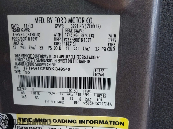 2013 Ford F-150 XL with VIN 1FTFW1CF8DKG49540, listed as a IAAI auction lot 42386031 with 151,073 mi miles and . Bid and sale history available at DreamBid. Image 9.