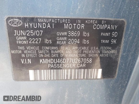 2007 Hyundai Elantra GLS with VIN KMHDU46D77U267058, listed as a IAAI auction lot 42636361 with 134,737 mi miles and . Bid and sale history available at DreamBid. Image 9.